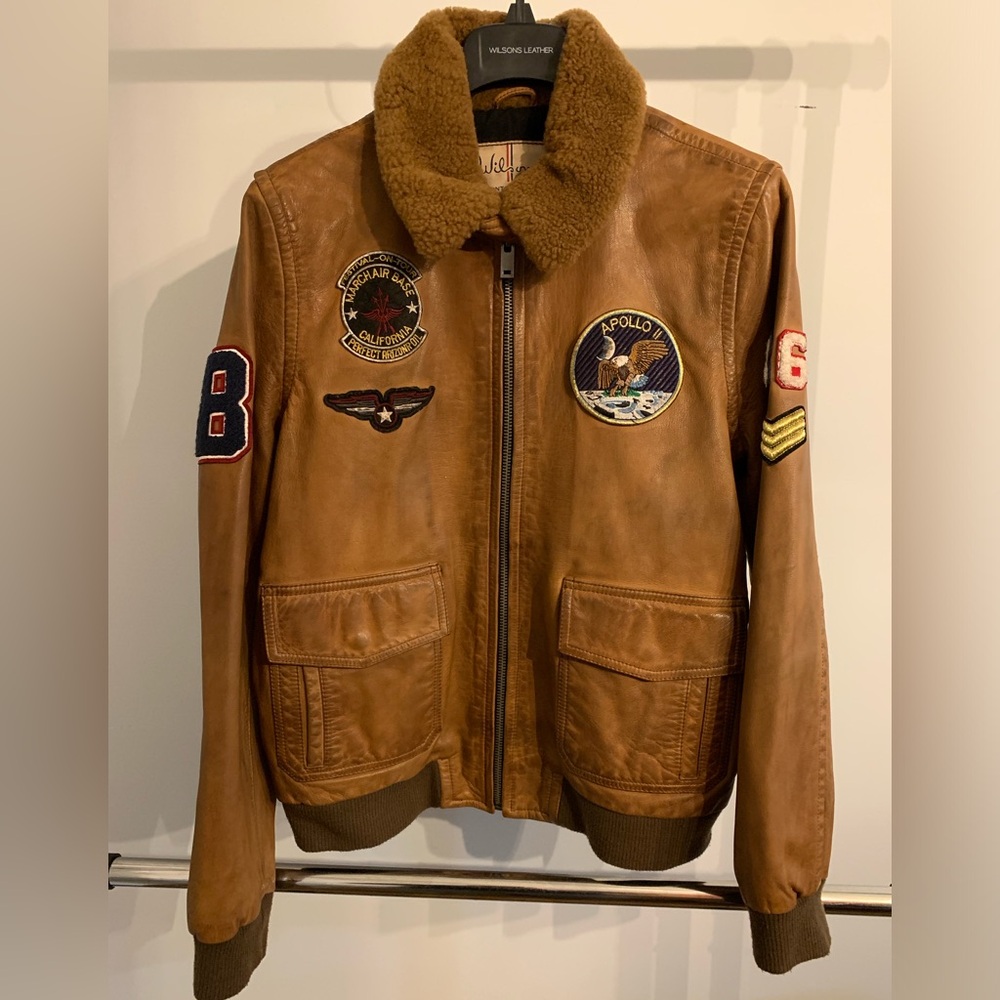 Vintage Wilson brown leather bomber jacket with patches and Sherpa.